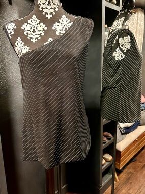 White House Black Market Black with White Pinstripe One-Shoulder Top size L